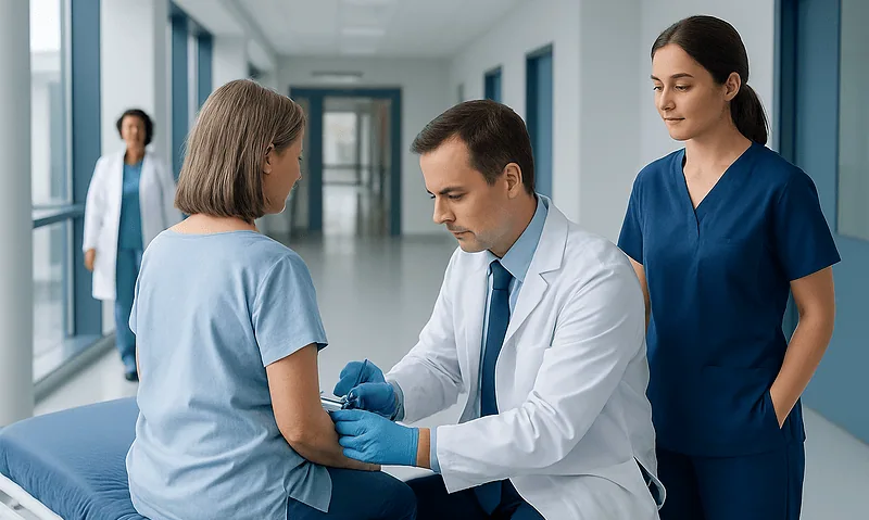 Doctor preparing for spinal tap procedure with patient and nurse in hospital corridor.