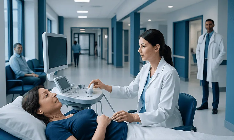 Medical ultrasound examination in a hospital setting with healthcare professionals.