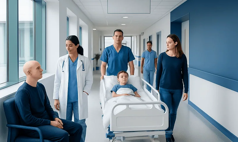 Hospital corridor with a patient and medical staff in a modern healthcare facility.