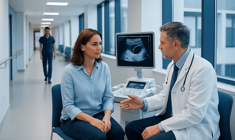 Doctor explaining thyroid ultrasound results to a patient in a hospital corridor.