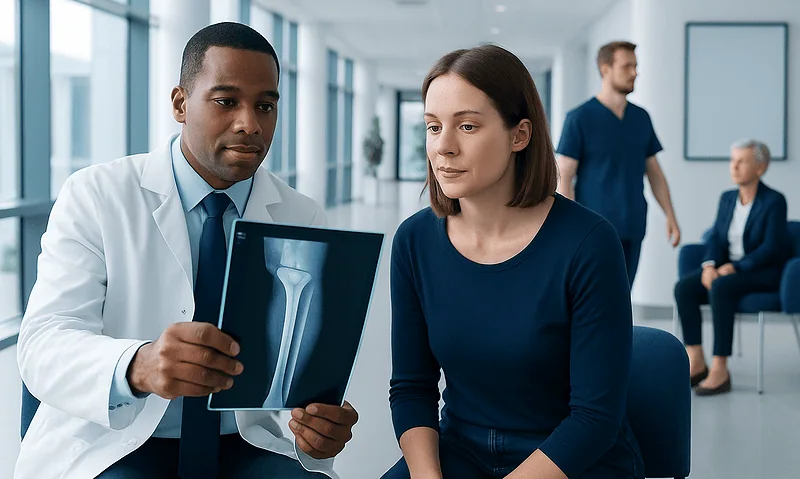 Doctor explaining tibial fracture X-ray to patient in hospital.
