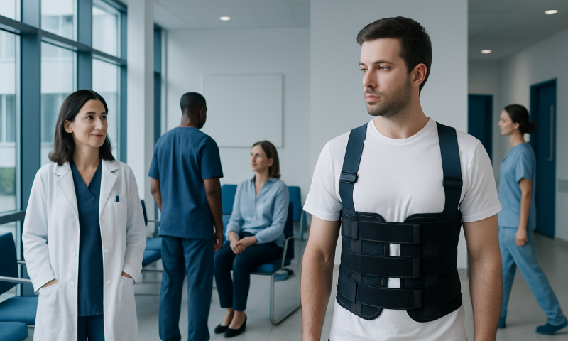 Patient with back brace in hospital corridor at Acibadem Hospitals Group.