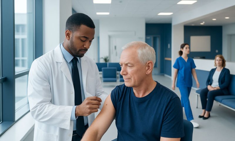 Doctor administering a triamcinolone injection to an elderly male patient in a hospital.