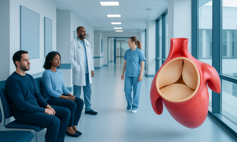Medical team discussing heart health with a 3D heart model in hospital corridor.