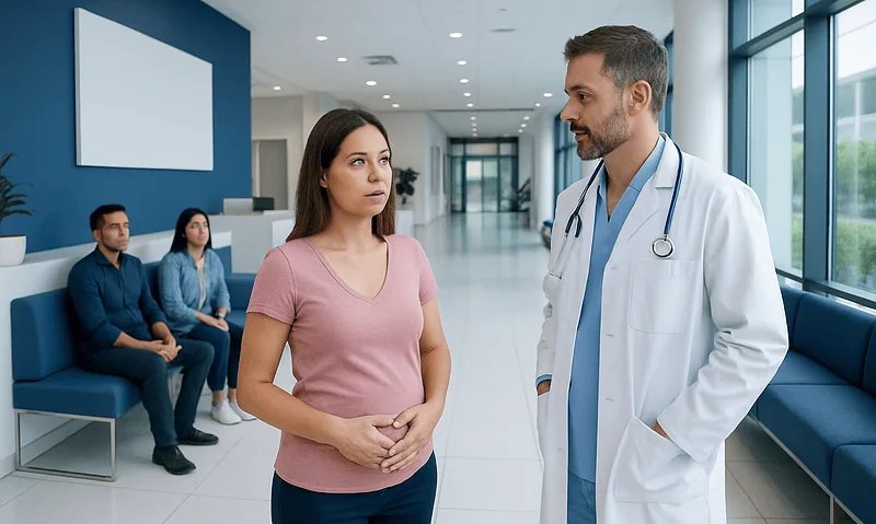 Doctor consulting a patient in a modern hospital corridor.