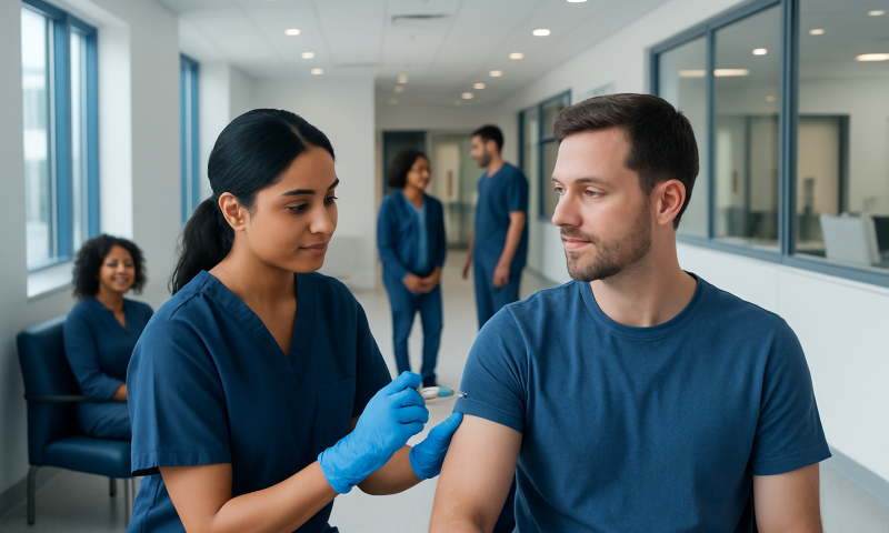 Nurse administering a vaccine shot to a patient in a hospital corridor.