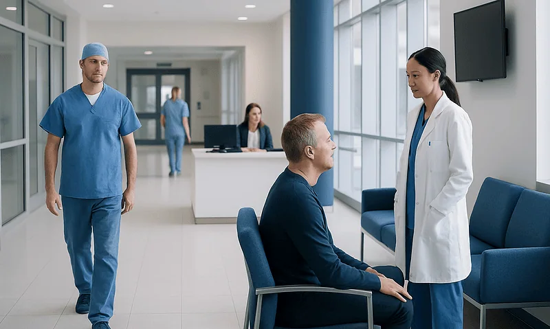 Doctor consulting patient in hospital corridor with medical staff nearby.