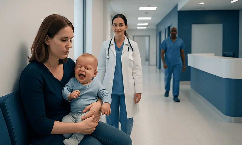 Mother holding crying baby in hospital corridor with medical staff nearby.