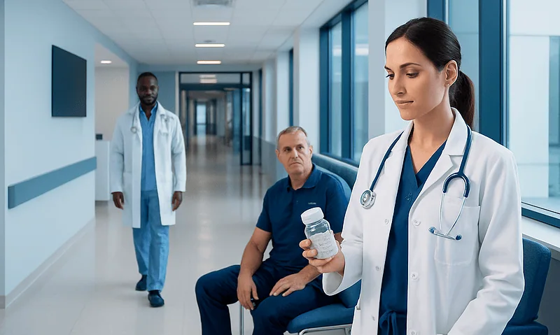 Medical professionals in a hospital corridor with a female doctor holding medication.