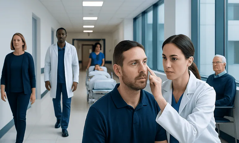 Doctor examines patient's eye in hospital corridor with staff and patients nearby.