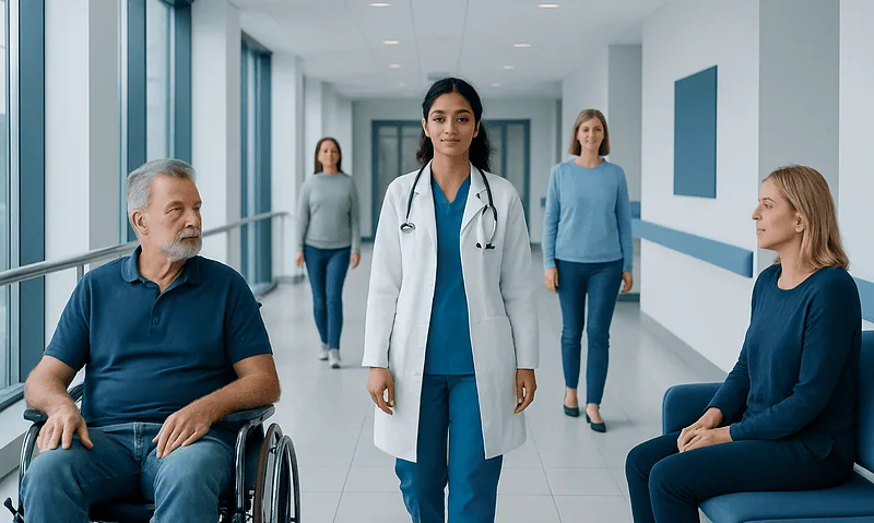 Medical team with doctor and patients in hospital corridor.