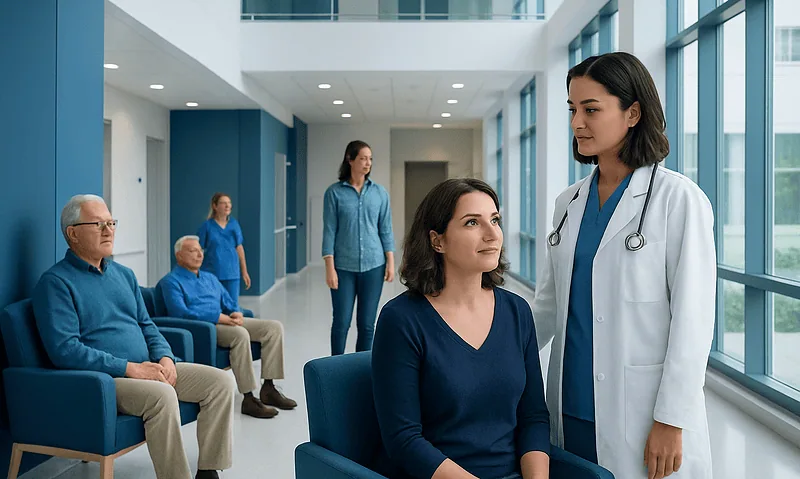 Doctor consulting a patient in a hospital corridor with elderly patients nearby.