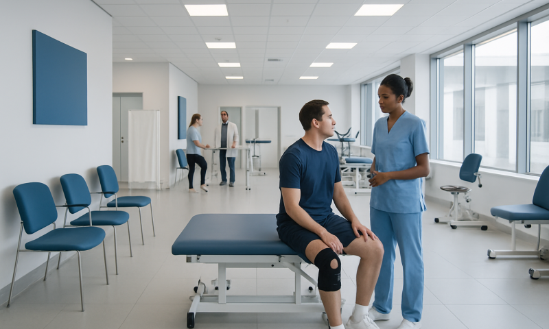 Patient consulting with nurse in modern hospital corridor.