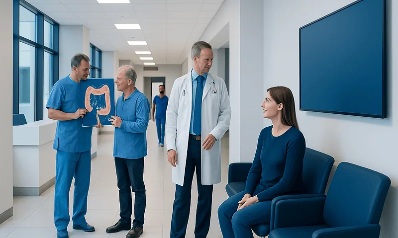 Doctors discussing colon health with patient in hospital corridor.