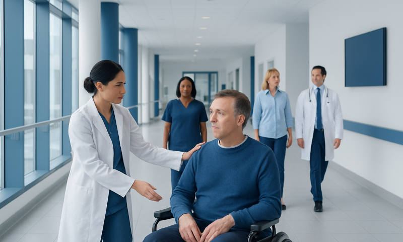 Medical team discussing patient care in hospital corridor.