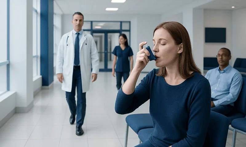 Young woman using inhaler in hospital waiting area with medical staff nearby.