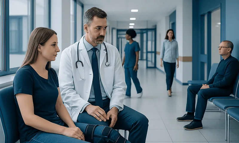 Doctor consulting a patient in a hospital corridor.