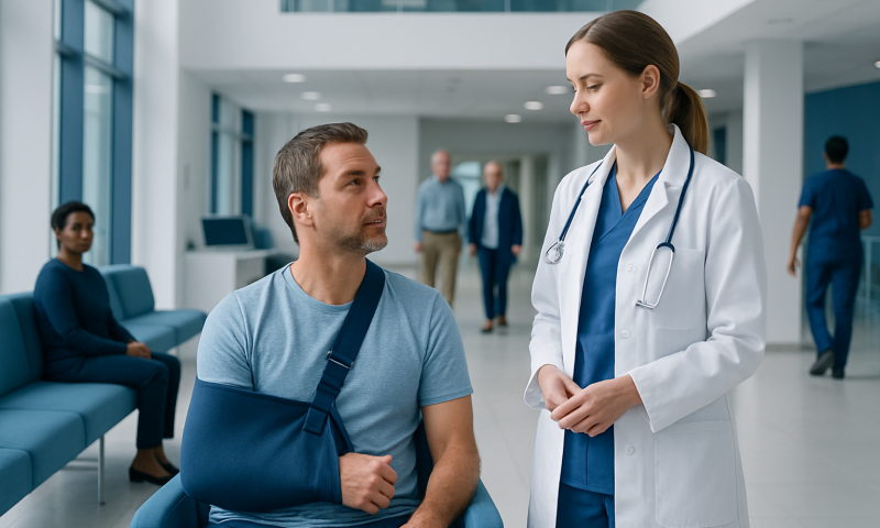 Patient with arm injury consulting with a doctor in hospital corridor.