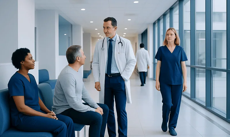 Doctor consulting with patients in hospital corridor.