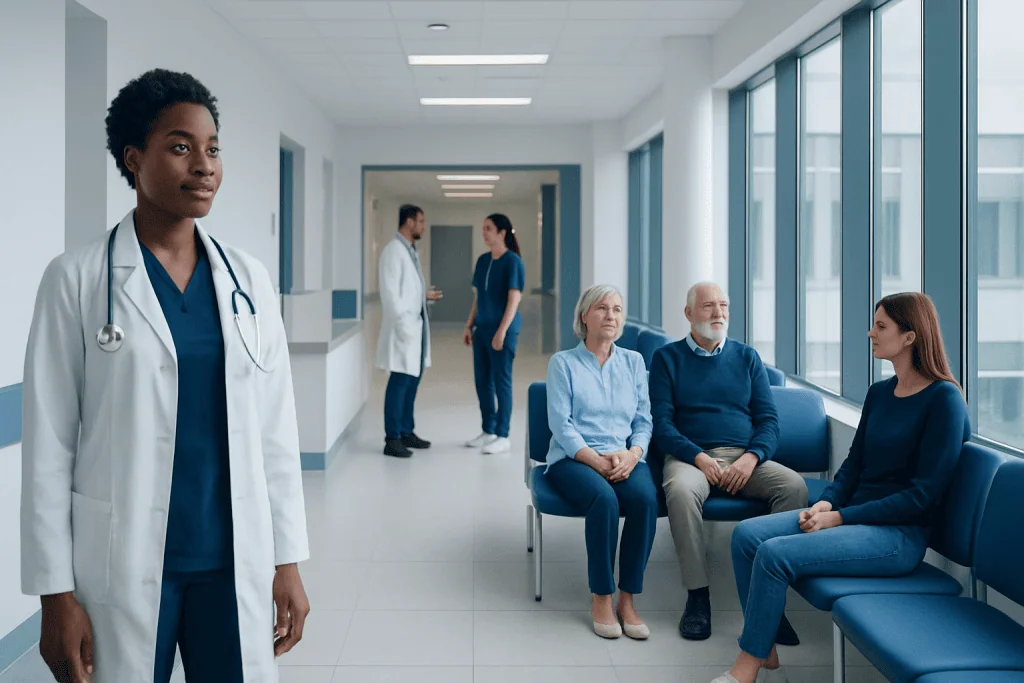 Understanding Affordable Therapy: A Complete Patient Guide 1 Healthcare professionals and patients in a modern hospital corridor.