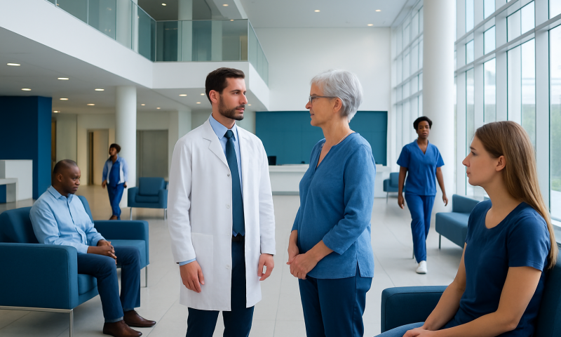 Medical team discussing patient care in a modern hospital lobby.