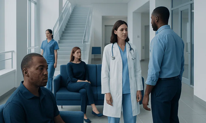 Medical team discussing patient care in a hospital waiting area.