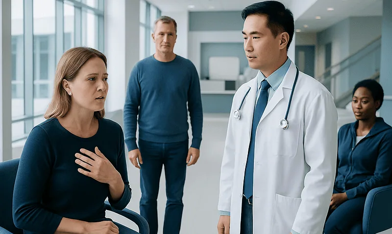 Doctor consulting with a woman patient in a hospital corridor.