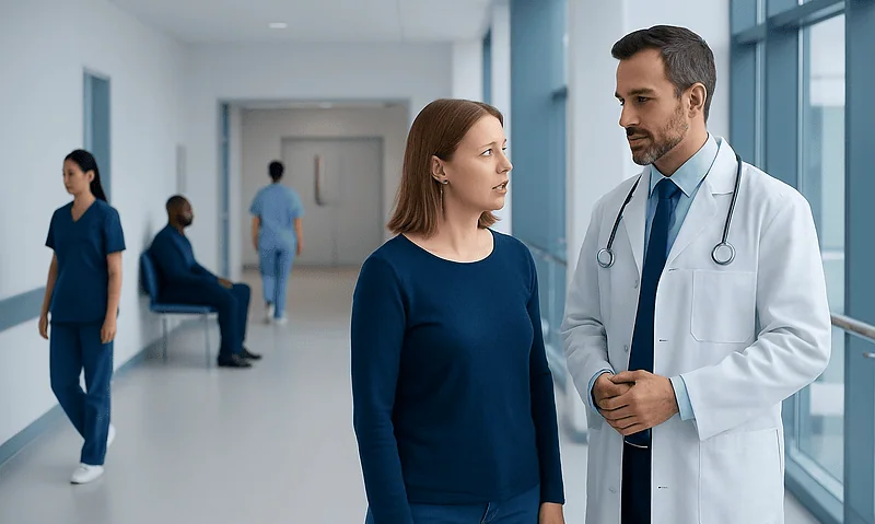 Doctor consulting female patient in hospital corridor with staff in background.