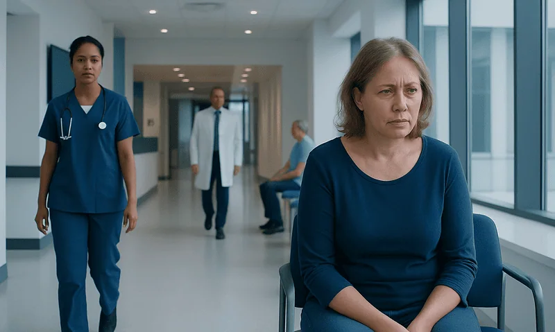 Patient with altered mental status in hospital corridor with medical staff nearby.