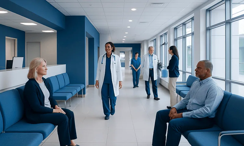 Patients and medical staff in a modern hospital corridor.