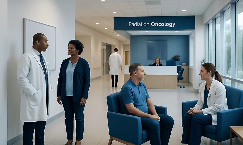 Patients and medical staff in a radiation oncology clinic at Acibadem Hospitals Group.