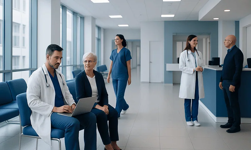 Medical professionals and patients in a modern hospital corridor.