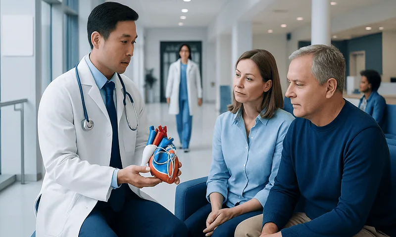 Doctor explains artificial heart to patients in a hospital setting.