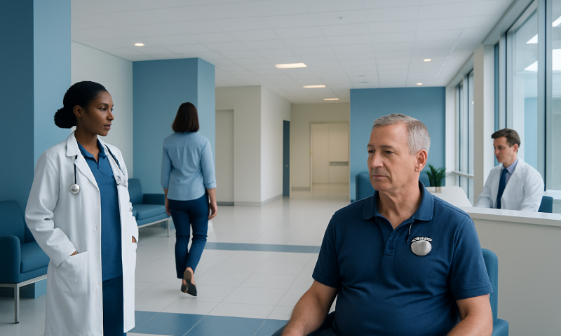 Automatic Implanted Cardiac Defibrillator: An Evidence-Based Patient Guide 5 Patient consulting with healthcare professionals in a modern hospital corridor.