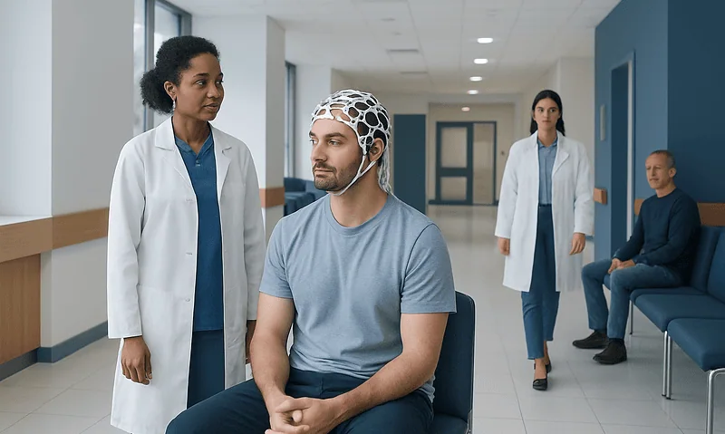 10 Conditions Diagnosed with an Eeg: Diagnosis, Outlook, and Modern Treatment Approaches 5 Patient undergoing EEG test in hospital corridor with medical staff present.