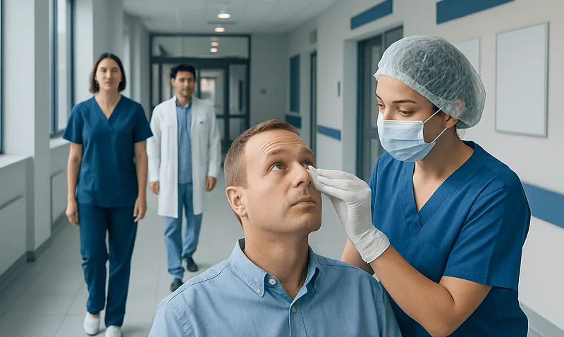 Ophthalmologist performs eye examination on patient in hospital corridor.