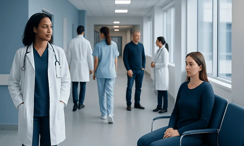 Medical professionals and patient in hospital corridor at Acibadem Hospitals Group.