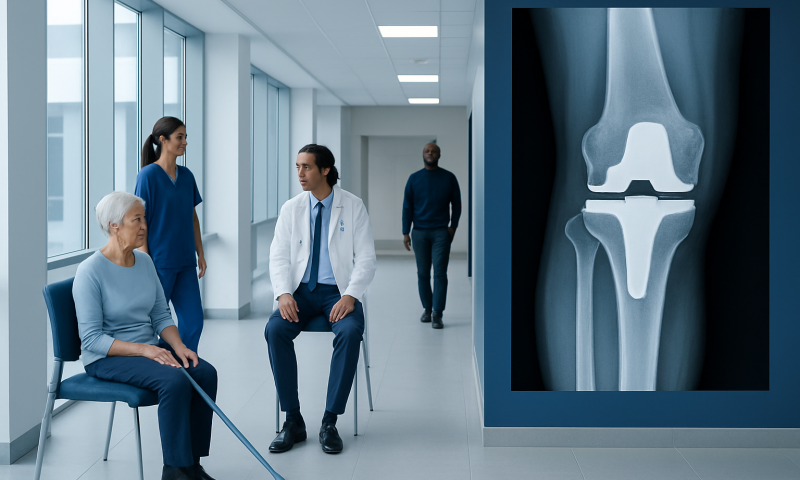 Orthopedic consultation for knee replacement with X-ray image in hospital corridor.
