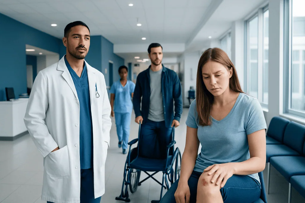 Infected Scab: An Evidence-Based Guide for Patients 1 Patient with infected scab consulting with doctors in hospital corridor.