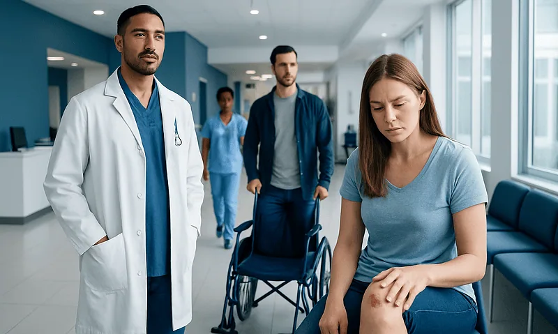 Patient with infected scab consulting with doctors in hospital corridor.