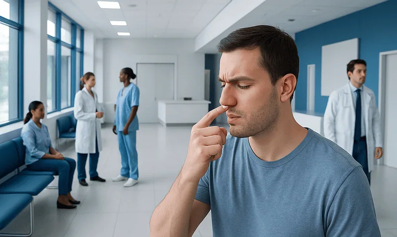 Man contemplating in a hospital corridor with medical staff in background.