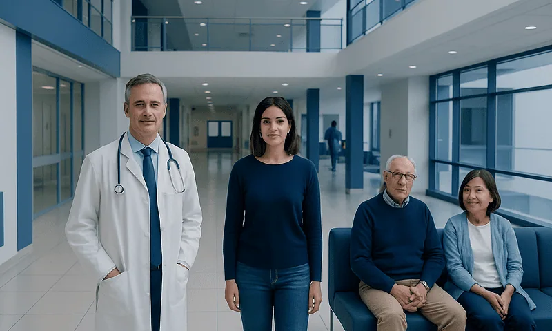 Medical team at Acibadem Hospital with diverse patients in modern facility.