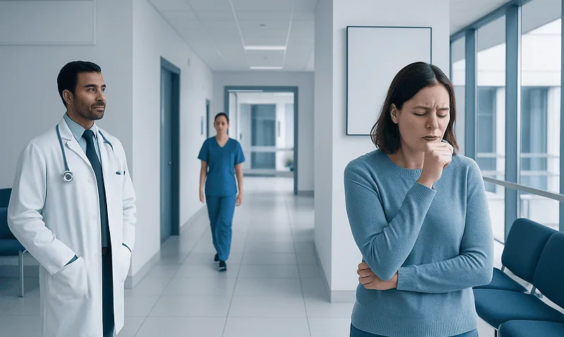 Woman with sore throat in hospital corridor with doctors nearby.