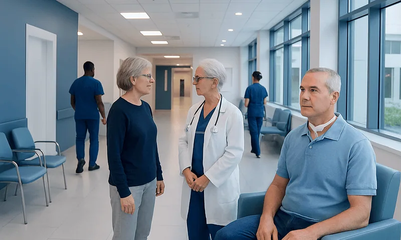 Patients and doctor in a modern hospital corridor.