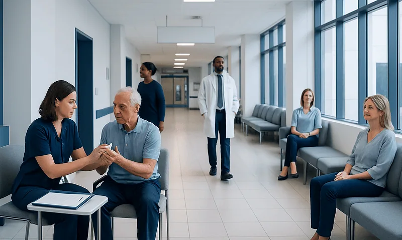 Medical consultation in a modern hospital corridor with patients and healthcare professionals.