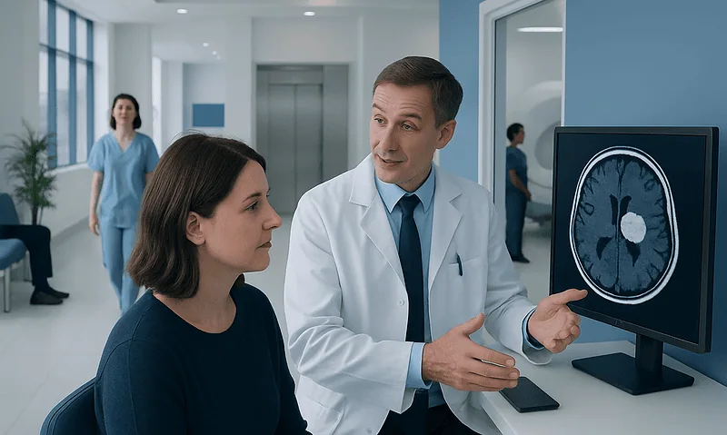 Doctor explaining brain scan to patient in hospital corridor.