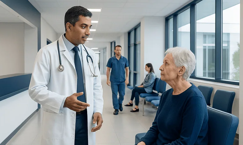 Doctor consulting elderly patient in hospital corridor.