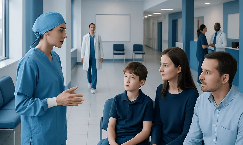 Medical consultation with a family at Acibadem Hospital for eye surgery.