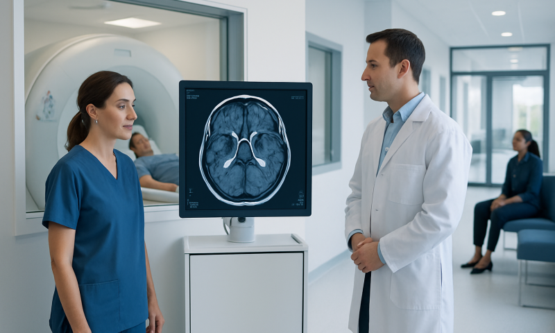 Medical professionals review brain MRI scan in hospital setting.