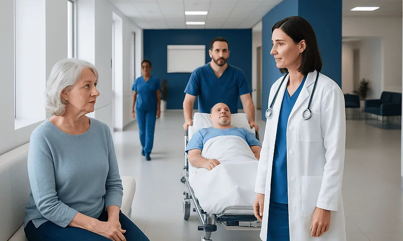 Doctor consulting elderly woman in hospital corridor with patient on stretcher.